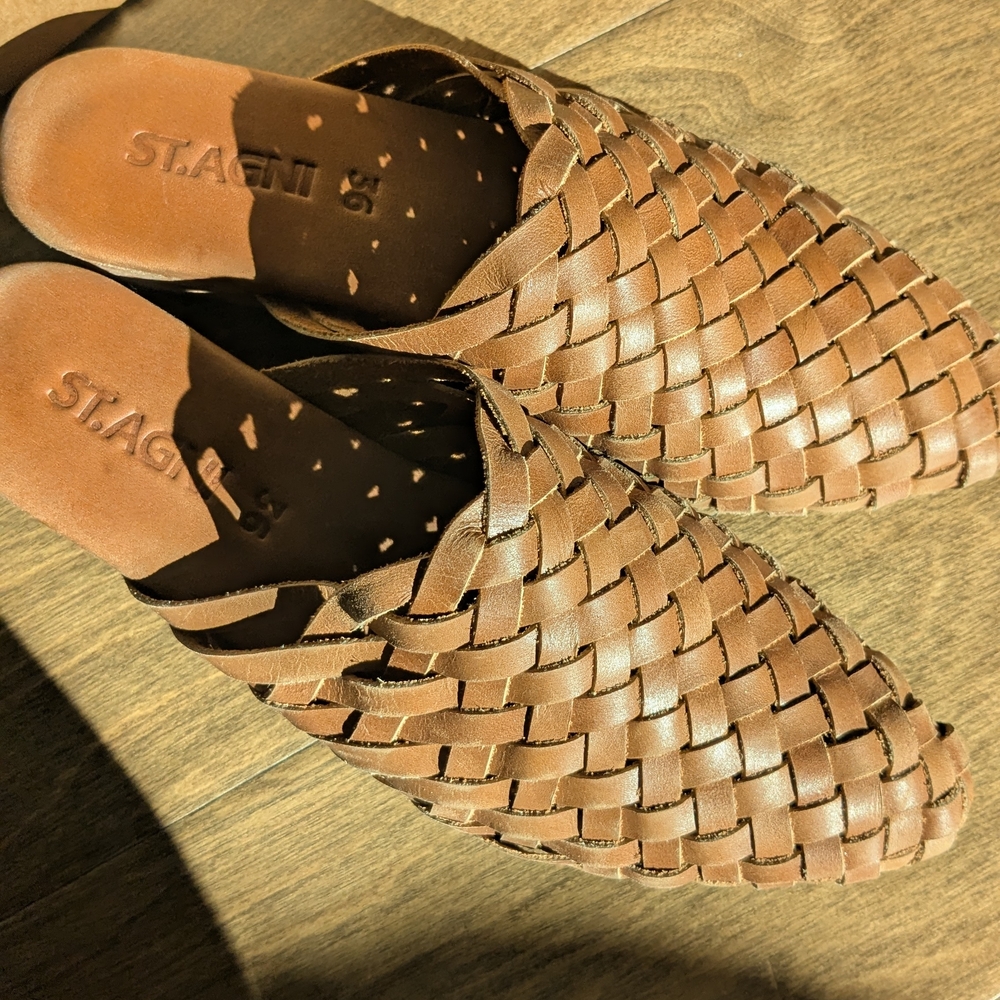 St. Agni Brown Woven Leather Mules